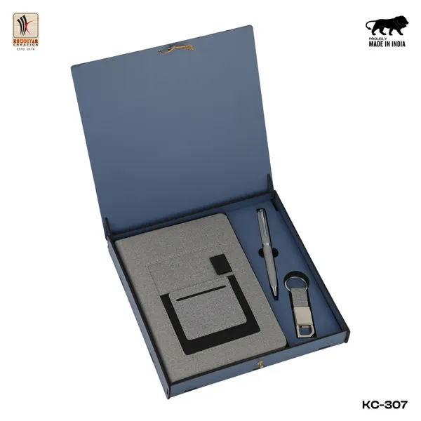 Grey_Personalised_3_In_1_Corporate_Gift_Set_Which_Includes_Diary_And_Keychain_And_Metal_Pen_Gift_Set_For_Employee_Of_The_Month_And_Personalised_Diary_Corporate_Gift_For_Clients