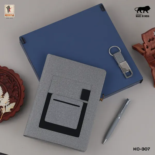 Grey_Personalised_3_In_1_Corporate_Gift_Set_Which_Includes_Diary_And_Keychain_And_Metal_Pen_Gift_Set_For_Employee_Of_The_Month_And_Personalised_Diary_Corporate_Gift_For_Clients