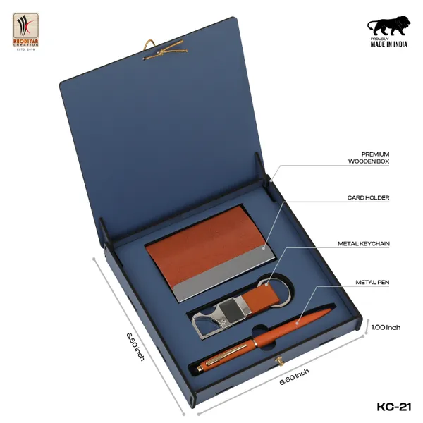 Tan_Personalized_Card_Holder_With_Pen_And_Keychain_Gift_Set_With_Name_Engraved_3_In_1_For_Employee_Recognition
