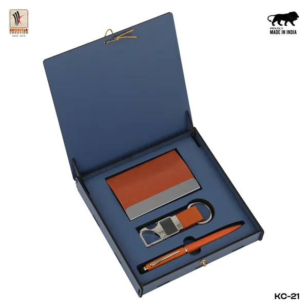 Tan_Personalized_Card_Holder_With_Pen_And_Keychain_Gift_Set_With_Name_Engraved_3_In_1_For_Employee_Recognition