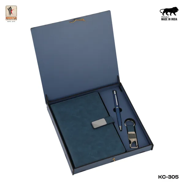 Blue_Personalised_3_In_1_Corporate_Gift_Set_Which_Includes_Diary_And_Keychain_And_Metal_Pen_Gift_Set_For_Employee_Of_The_Month_And_Personalised_Diary_Corporate_Gift_For_Clients