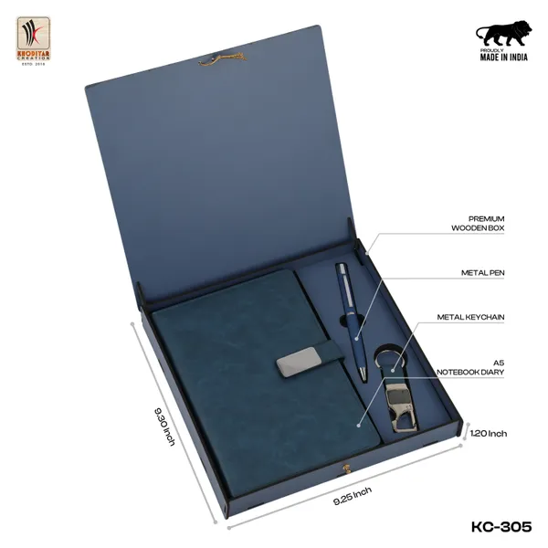 Blue_Personalised_3_In_1_Corporate_Gift_Set_Which_Includes_Diary_And_Keychain_And_Metal_Pen_Gift_Set_For_Employee_Of_The_Month_And_Personalised_Diary_Corporate_Gift_For_Clients