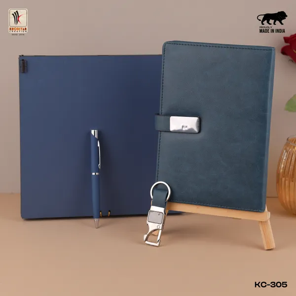 Blue_Personalised_3_In_1_Corporate_Gift_Set_Which_Includes_Diary_And_Keychain_And_Metal_Pen_Gift_Set_For_Employee_Of_The_Month_And_Personalised_Diary_Corporate_Gift_For_Clients