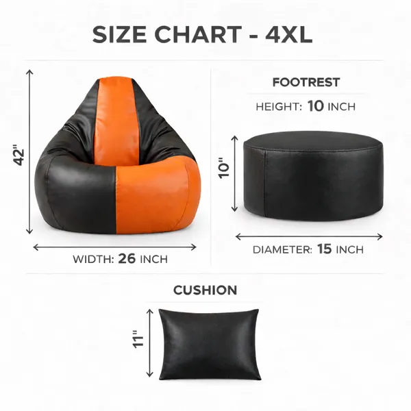 SHIRA_24_4XL_Tear_Drop_Bean_Bag_Chair_with_Footrest_&_Pillow_|_Premium_Leatherette_Bean_Bag_Cover_(Without_Beans)_|_Black,Orange|_Upto_150_Kg_Capacity_|_Living_Room_Lounger