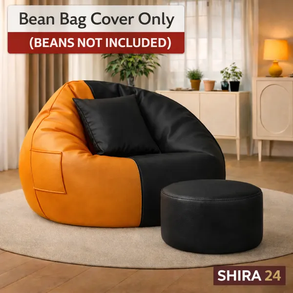 SHIRA_24_4XL_Tear_Drop_Bean_Bag_Chair_with_Footrest_&_Pillow_|_Premium_Leatherette_Bean_Bag_Cover_(Without_Beans)_|_Black,Orange|_Upto_150_Kg_Capacity_|_Living_Room_Lounger