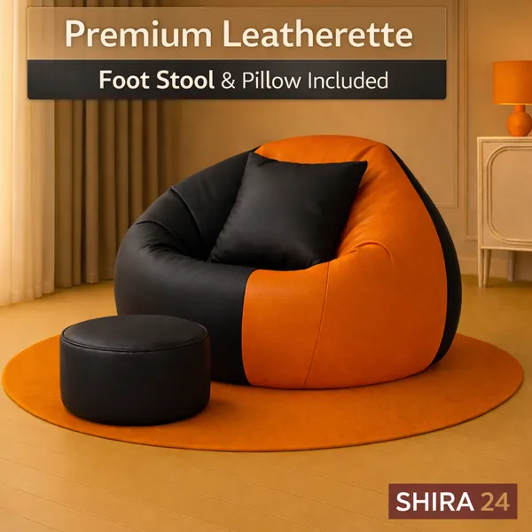 SHIRA_24_4XL_Tear_Drop_Bean_Bag_Chair_with_Footrest_&_Pillow_|_Premium_Leatherette_Bean_Bag_Cover_(Without_Beans)_|_Black,Orange|_Upto_150_Kg_Capacity_|_Living_Room_Lounger