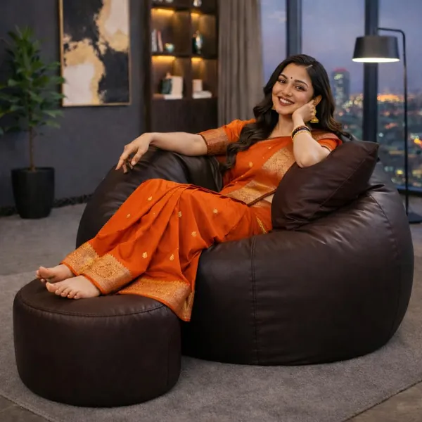 4XL_Tear_Drop_Bean_Bag_with_Footrest_&_Cushion_|_Premium_Leatherette_Bean_Bag_Cover_|_XXXXL_Lounger_Chair_for_Living_Room_|_Without_Beans_|_Upto_150_Kg_(Black::Brown,_XXXXL)