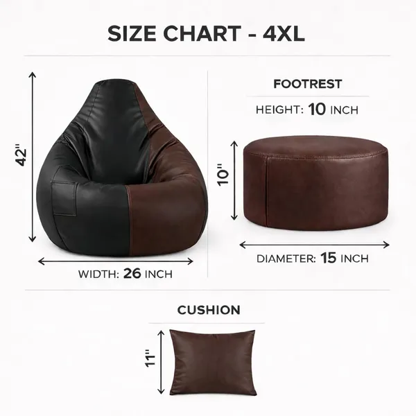 4XL_Tear_Drop_Bean_Bag_with_Footrest_&_Cushion_|_Premium_Leatherette_Bean_Bag_Cover_|_XXXXL_Lounger_Chair_for_Living_Room_|_Without_Beans_|_Upto_150_Kg_(Black::Brown,_XXXXL)