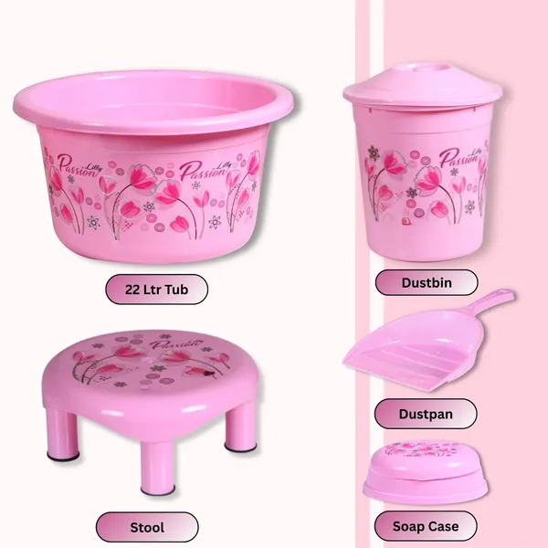 10_in_1_Unbreakable_Virgin_Plastic_Bathroom_Set_Pink_Floral_Design_with_20L_&_7L_Buckets,_22L_Tub,_11L_Dustbin,_1L_&_1.5L_Mug,_Soap_Case,_Dustpan_&_5_Inch_Stool_Combo