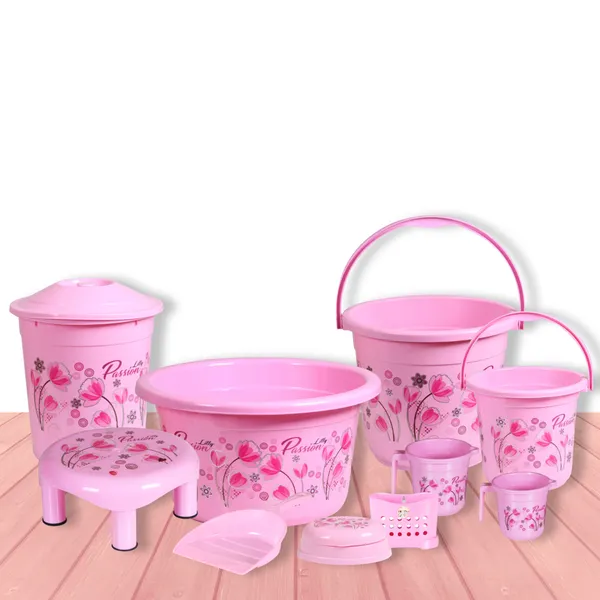 10_in_1_Unbreakable_Virgin_Plastic_Bathroom_Set_Pink_Floral_Design_with_20L_&_7L_Buckets,_22L_Tub,_11L_Dustbin,_1L_&_1.5L_Mug,_Soap_Case,_Dustpan_&_5_Inch_Stool_Combo