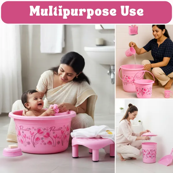 10_in_1_Unbreakable_Virgin_Plastic_Bathroom_Set_Pink_Floral_Design_with_20L_&_7L_Buckets,_22L_Tub,_11L_Dustbin,_1L_&_1.5L_Mug,_Soap_Case,_Dustpan_&_5_Inch_Stool_Combo