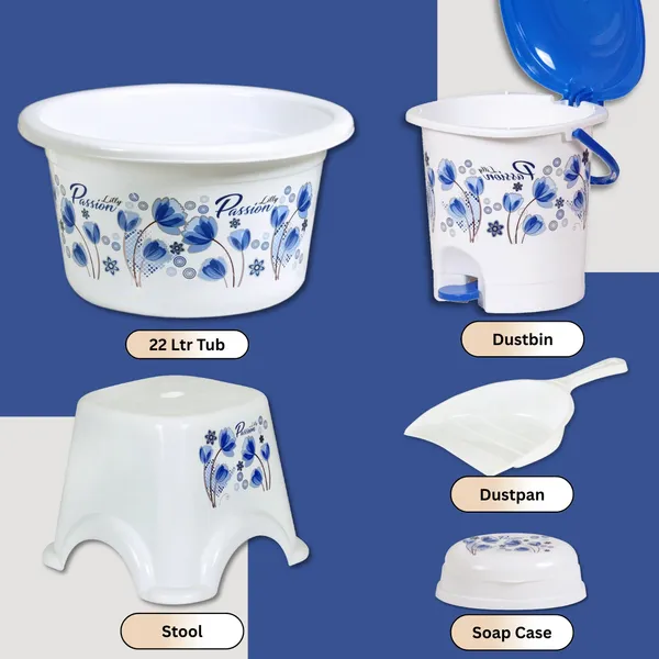 10_in_1_White_Blue_Floral_Bathroom_Set,_Unbreakable_Virgin_Plastic_Bath_Accessories_Combo,_Plastic_Bucket_Set_for_Bathroom_with_20L_&_7L_Buckets,_22L_Tub,_Dustbin,_Mug_Set,_Soap_Case,_Dustpan_&_Stool_for_Home