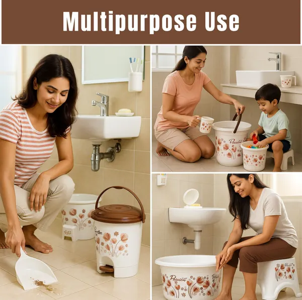 White_And_Brown_Bathroom_Set_20L/5L_Bucket,_7L_Pedal_Bin_&_Dustpan,_Patlo,_1.5L/1L_Mug,_Tub_22L_16_L_Plastic_Bucket