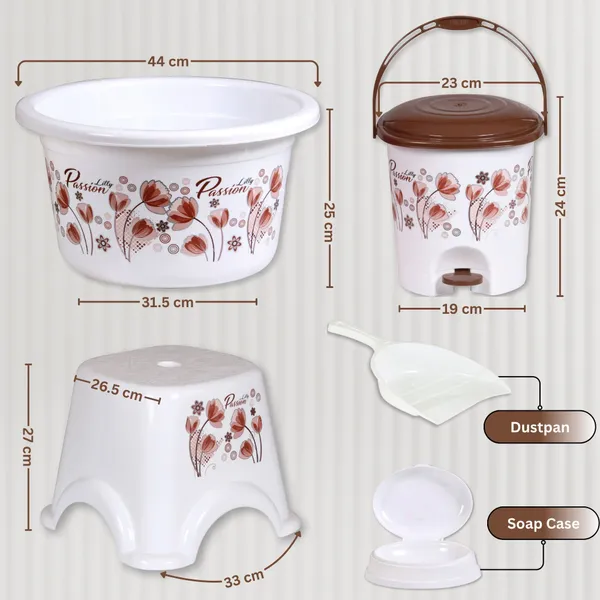 White_And_Brown_Bathroom_Set_20L/5L_Bucket,_7L_Pedal_Bin_&_Dustpan,_Patlo,_1.5L/1L_Mug,_Tub_22L_16_L_Plastic_Bucket