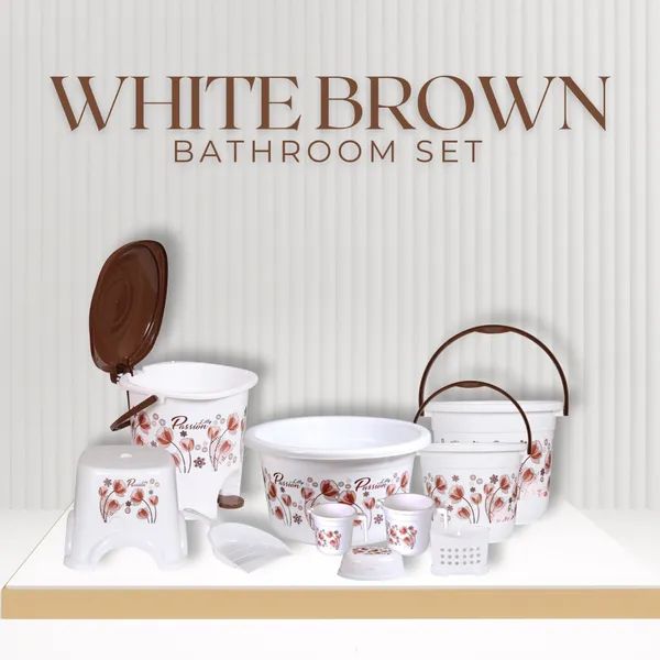 White_And_Brown_Bathroom_Set_20L/5L_Bucket,_7L_Pedal_Bin_&_Dustpan,_Patlo,_1.5L/1L_Mug,_Tub_22L_16_L_Plastic_Bucket