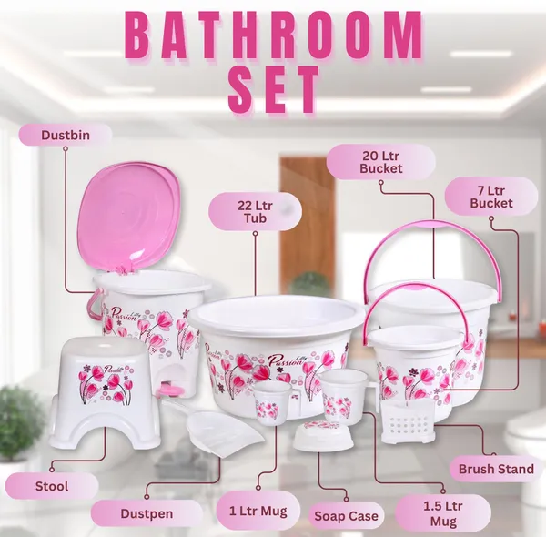 White_And_Pink_Bathroom_Set_20L/5L_Bucket,_7L_Pedal_Bin_&_Dustpan,_Patlo,_1.5L/1L_Mug,_Tub_22L_16_L_Plastic_Bucket