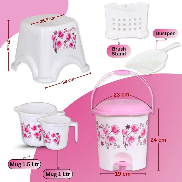 White_And_Pink_Bathroom_Set_20L/5L_Bucket,_7L_Pedal_Bin_&_Dustpan,_Patlo,_1.5L/1L_Mug,_Tub_22L_16_L_Plastic_Bucket