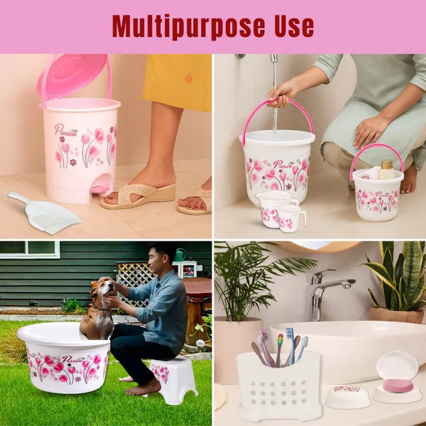 White_And_Pink_Bathroom_Set_20L/5L_Bucket,_7L_Pedal_Bin_&_Dustpan,_Patlo,_1.5L/1L_Mug,_Tub_22L_16_L_Plastic_Bucket