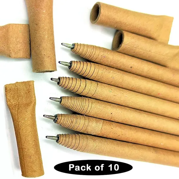 Yellow_Eco_Friendly_Recycled_Paper_Pens_Ball_Pen_Pack_Of_10,_Ink_Color_Blue