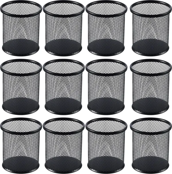 Black_12_Compartments_Metal_Mesh,_One_For_Every_Desk12_Round_Pen_Holders_For_Study_Tables,_Office_Desks_&_Home