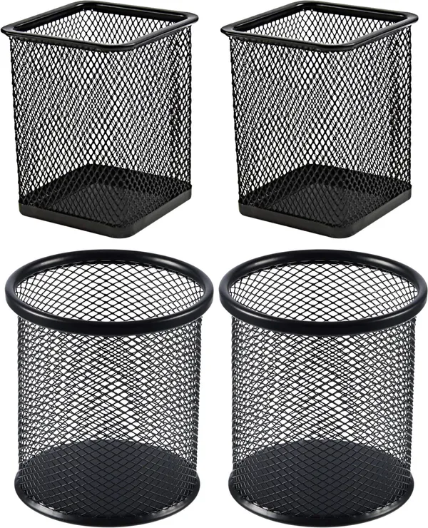 Black_4_Compartments_Metal_Mesh,_Round_&_Square_Pen_Stand_Duo_Metal_Mesh_Set_Of_4_For_Home,_School_&_Workplace
