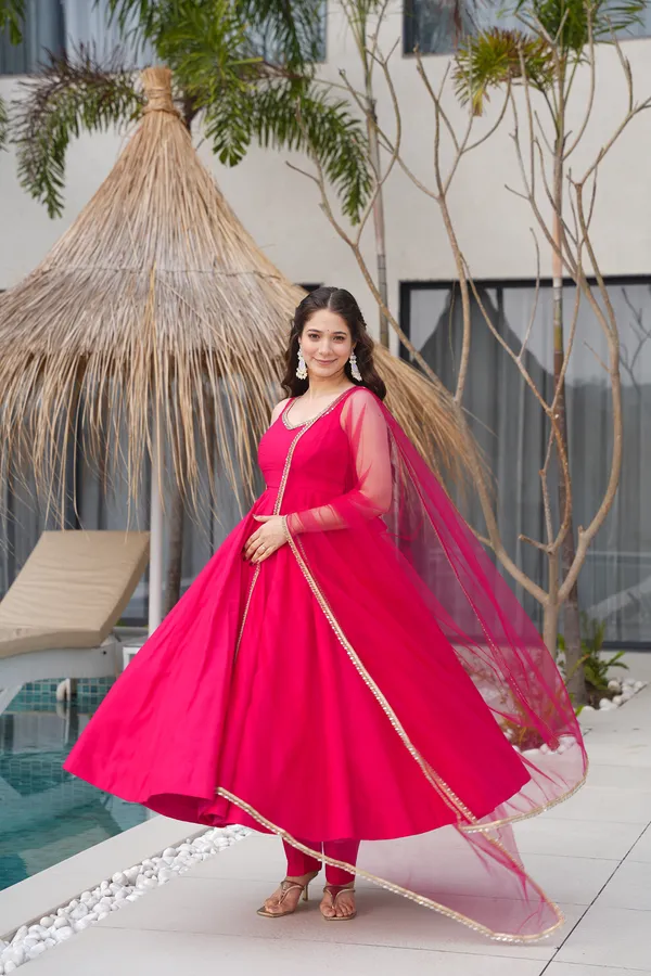 Pure_Romansilk_Rani_Pink_Chanderi_Anarkali_Set_Dupatta_And_Pant_For_Women