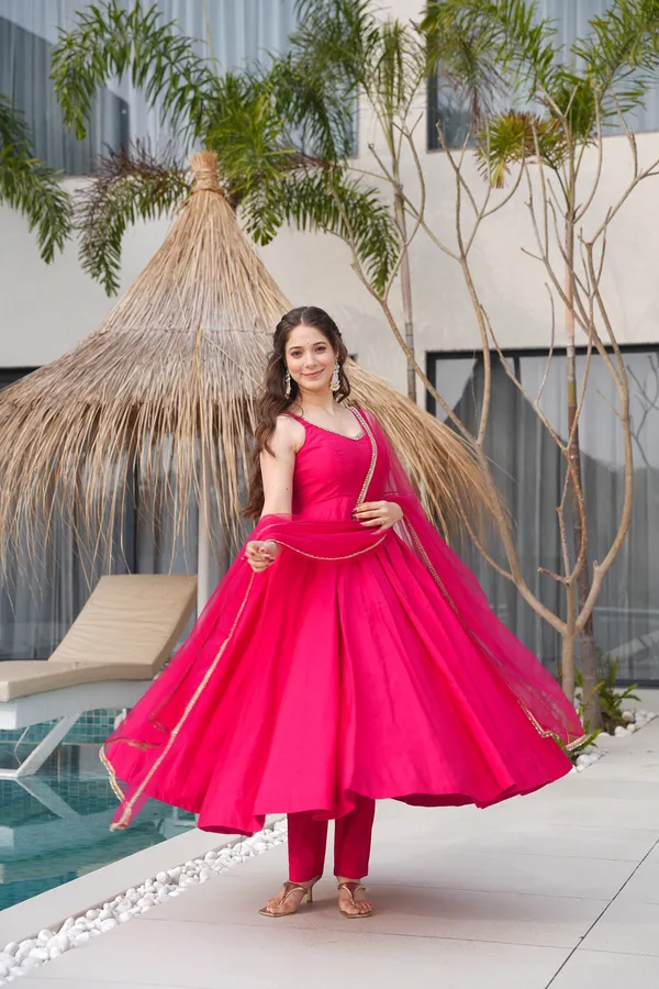 Pure_Romansilk_Rani_Pink_Chanderi_Anarkali_Set_Dupatta_And_Pant_For_Women