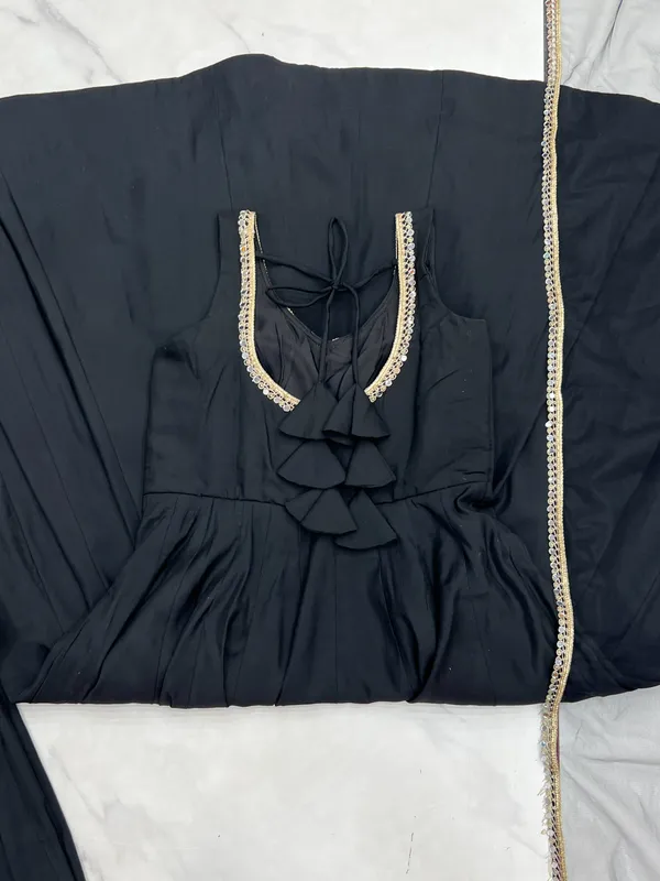 Light_Pink_Pure_Romansilk_Black_Chanderi_Anarkali_Set_Dupatta_And_Pant_For_Women