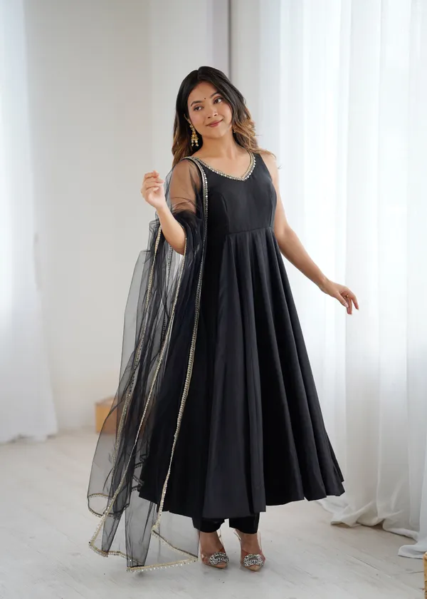 Light_Pink_Pure_Romansilk_Black_Chanderi_Anarkali_Set_Dupatta_And_Pant_For_Women