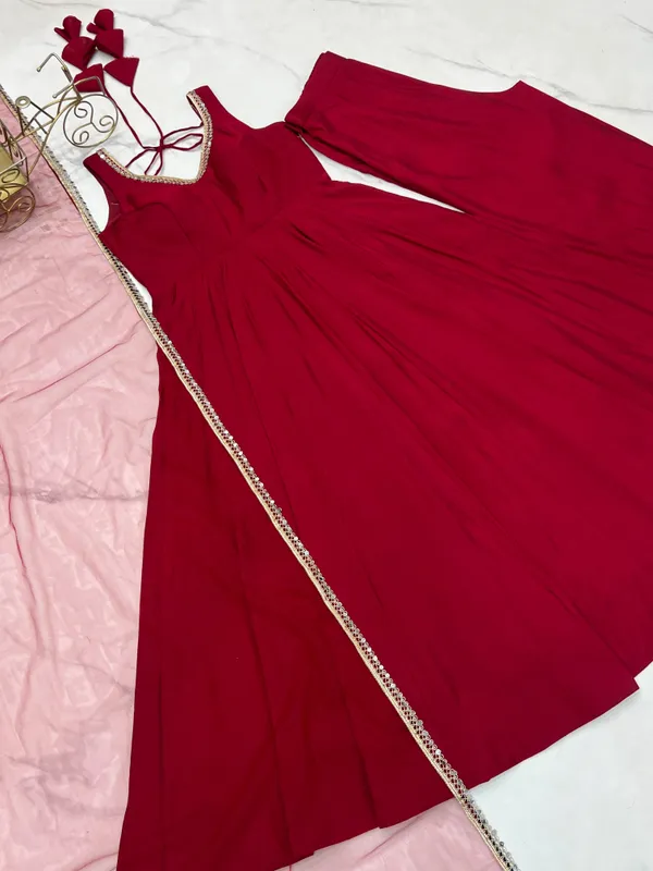 Maroon_Pure_Romansilk_Chanderi_Anarkali_Set_Dupatta_And_Pant_For_Women