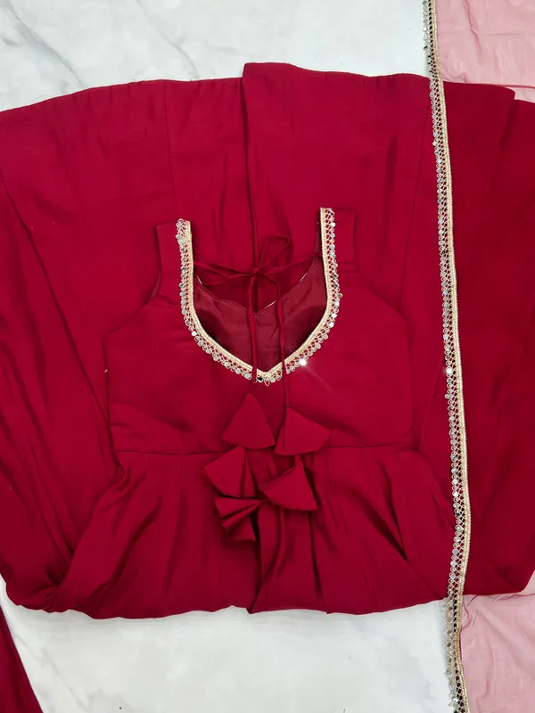 Maroon_Pure_Romansilk_Chanderi_Anarkali_Set_Dupatta_And_Pant_For_Women
