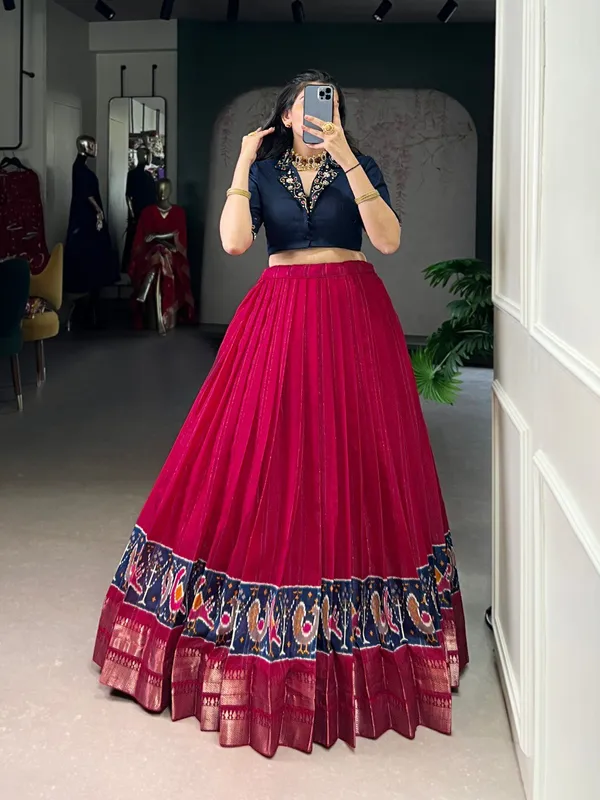 Dark_Blue_Printed_Zari_Weaving_Handwork_Stitched_Blouse_Ready_To_Wear_Lehenga_For_Women