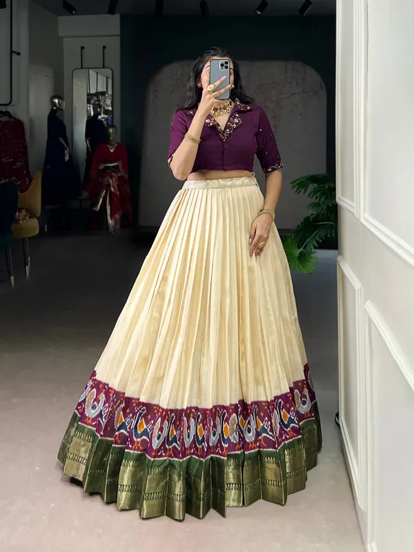 Dark_Purple_Printed_Zari_Weaving_Handwork_Stitched_Blouse_Ready_To_Wear_Lehenga_For_Women