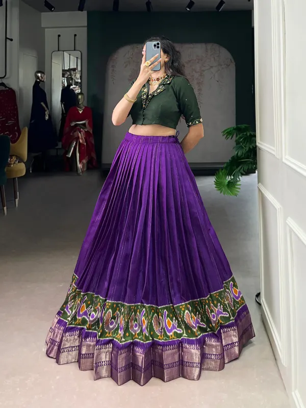 Dark_Purple_Printed_Zari_Weaving_Handwork_Stitched_Blouse_Ready_To_Wear_Lehenga_For_Women