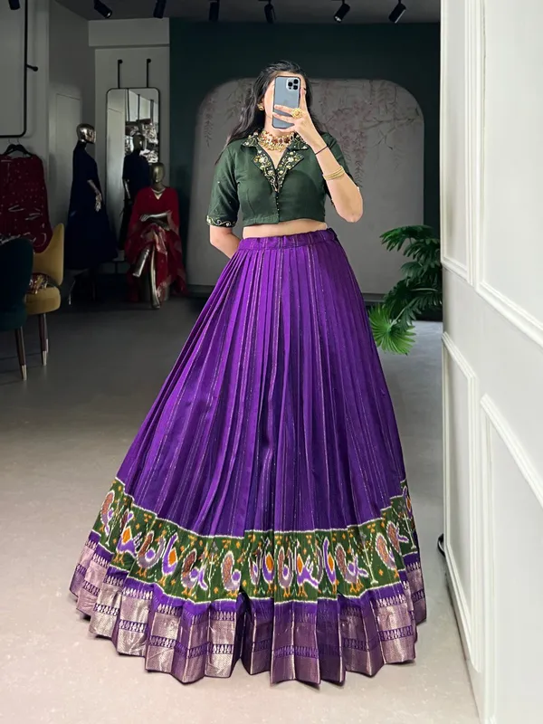 Mehndi_Printed_Zari_Weaving_Handwork_Stitched_Blouse_Ready_To_Wear_Lehenga_For_Women