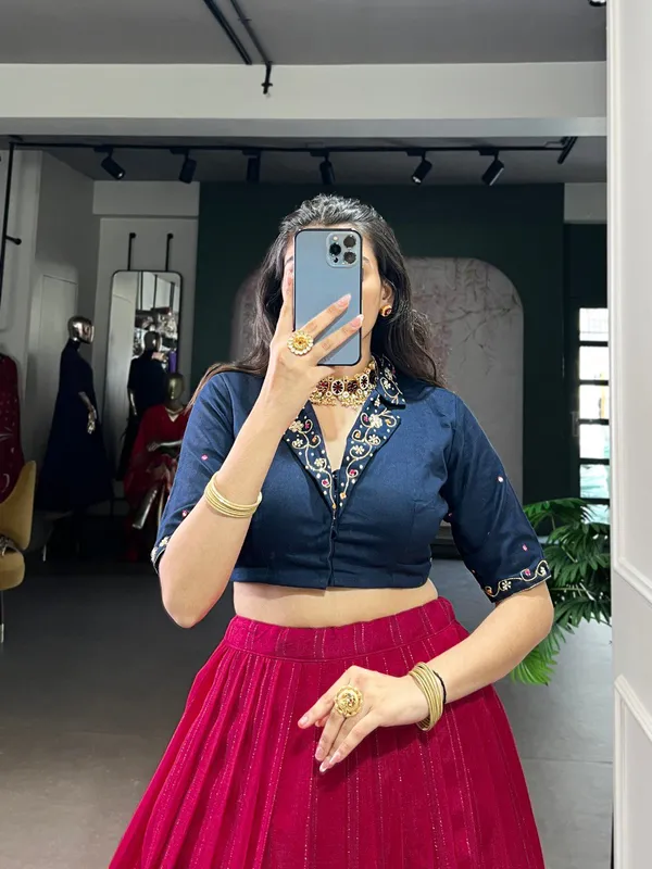 Maroon_Printed_Zari_Weaving_Handwork_Stitched_Blouse_Ready_To_Wear_Lehenga_For_Women