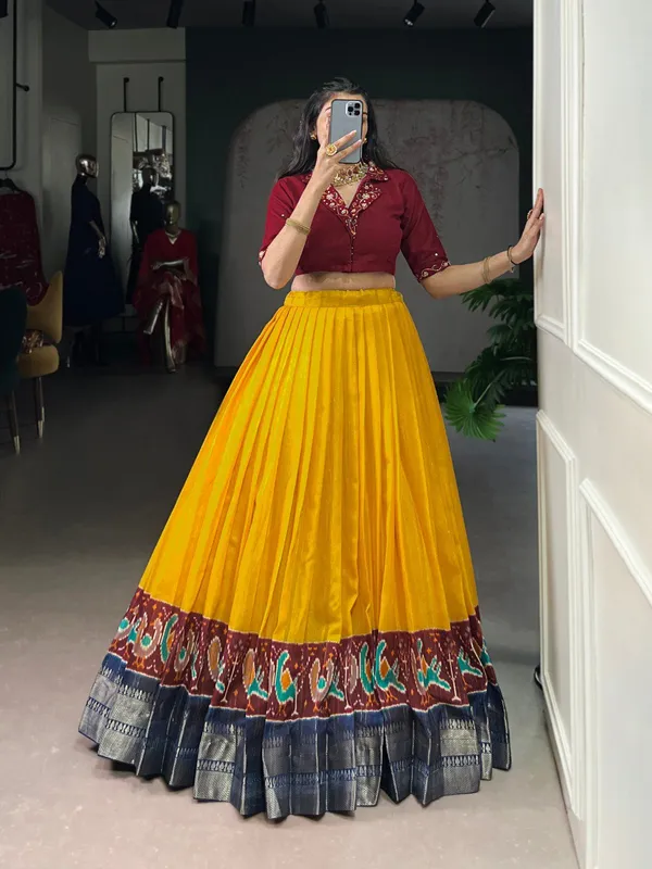 Maroon_Printed_Zari_Weaving_Handwork_Stitched_Blouse_Ready_To_Wear_Lehenga_For_Women