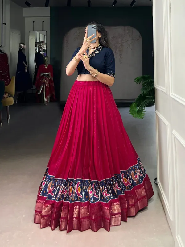 Maroon_Printed_Zari_Weaving_Handwork_Stitched_Blouse_Ready_To_Wear_Lehenga_For_Women