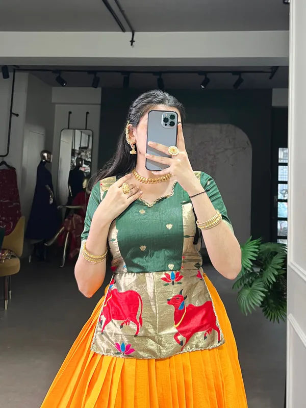 Mehndi_Cotton_Silk_Zari_Weaving_Jacquard_Silk_Blouse_Fully_Stitched_And_Ready_To_Wear_Lehenga_For_Women