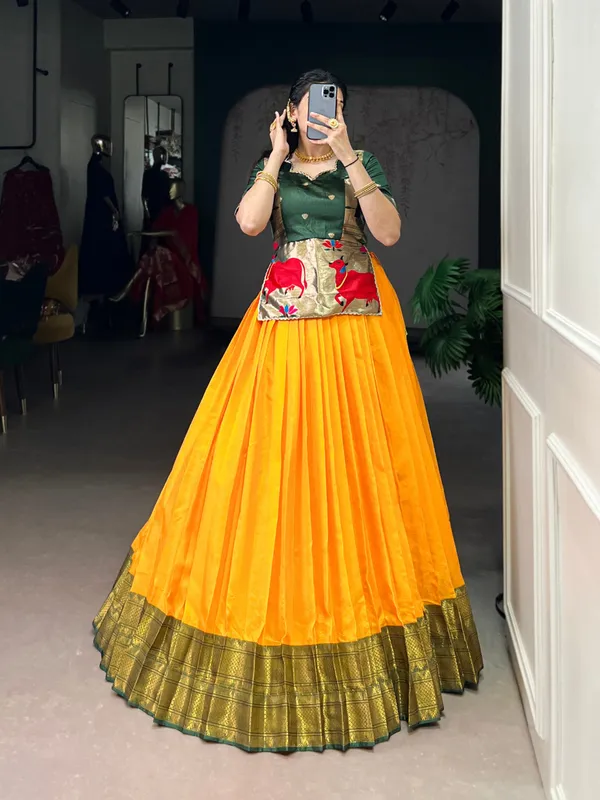 Mehndi_Cotton_Silk_Zari_Weaving_Jacquard_Silk_Blouse_Fully_Stitched_And_Ready_To_Wear_Lehenga_For_Women