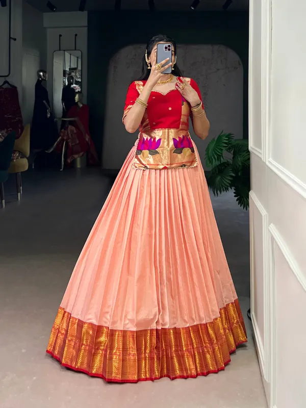 Red_Cotton_Silk_Zari_Weaving_Jacquard_Silk_Blouse_Fully_Stitched_And_Ready_To_Wear_Lehenga_For_Women