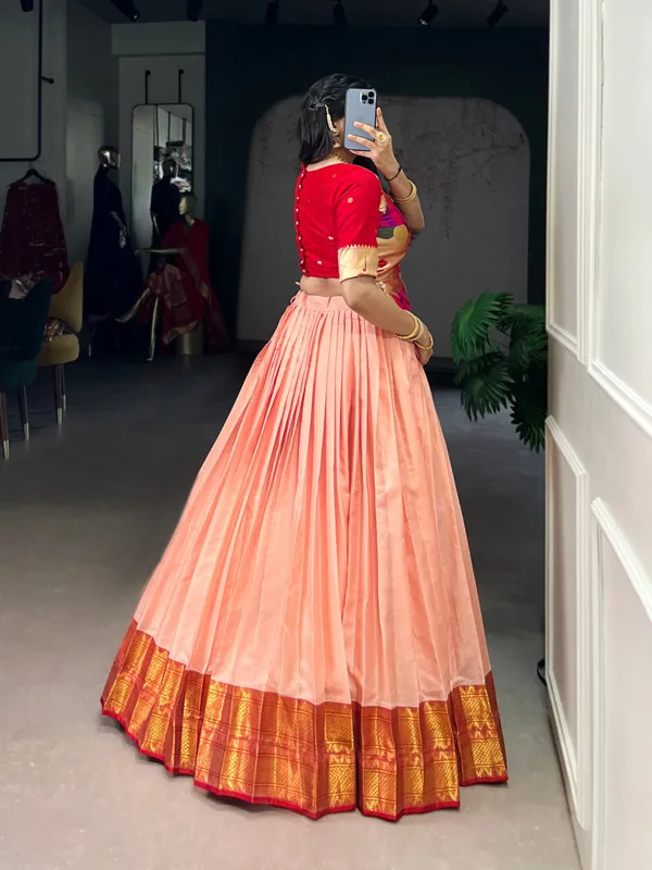 Red_Cotton_Silk_Zari_Weaving_Jacquard_Silk_Blouse_Fully_Stitched_And_Ready_To_Wear_Lehenga_For_Women