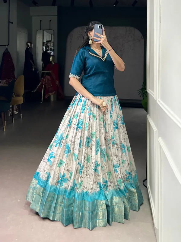 Morpitch_Dola_Chex_Floral_Print_Zari_Weaving_Handwork_Banglory_Blouse_Fully_Stitched_And_Ready_To_Wear_Lehenga_For_Women