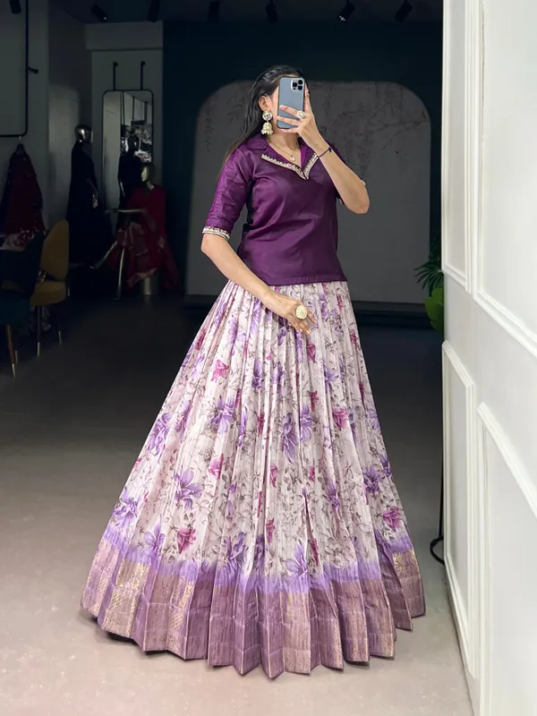 Dark_Purple_Dola_Chex_Floral_Print_Zari_Weaving_Handwork_Banglory_Blouse_Fully_Stitched_And_Ready_To_Wear_Lehenga_For_Women