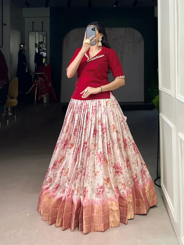 Yellow_Dola_Chex_Floral_Print_Zari_Weaving_Handwork_Banglory_Blouse_Fully_Stitched_And_Ready_To_Wear_Lehenga_For_Women