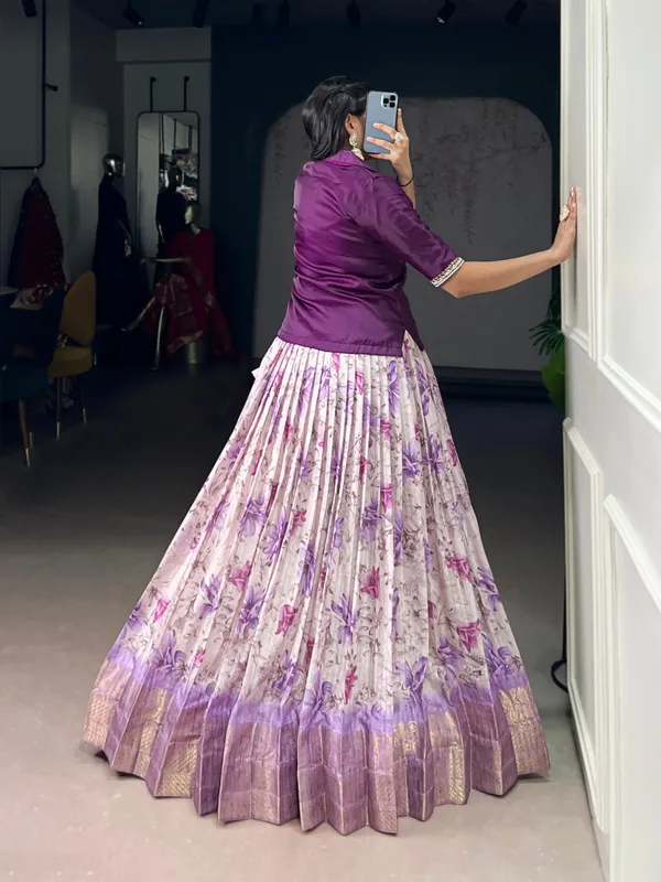 Yellow_Dola_Chex_Floral_Print_Zari_Weaving_Handwork_Banglory_Blouse_Fully_Stitched_And_Ready_To_Wear_Lehenga_For_Women