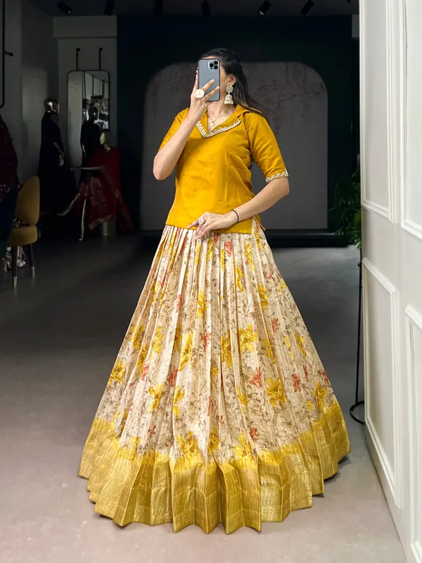 Yellow_Dola_Chex_Floral_Print_Zari_Weaving_Handwork_Banglory_Blouse_Fully_Stitched_And_Ready_To_Wear_Lehenga_For_Women
