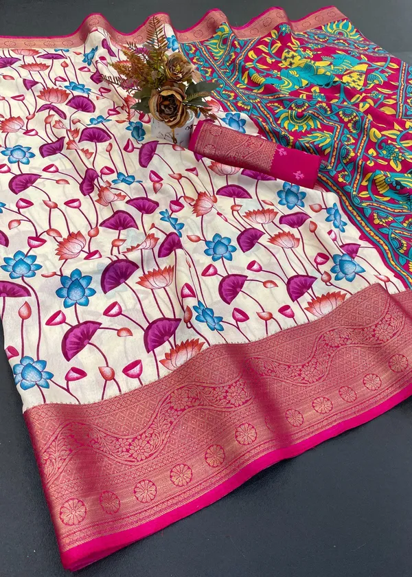 White_Designer_Freehand_Dola_Silk_Saree_For_Women