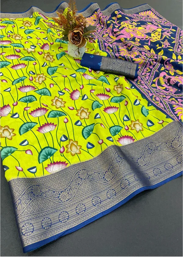Neon_Green_Designer_Freehand_Dola_Silk_Saree_For_Women