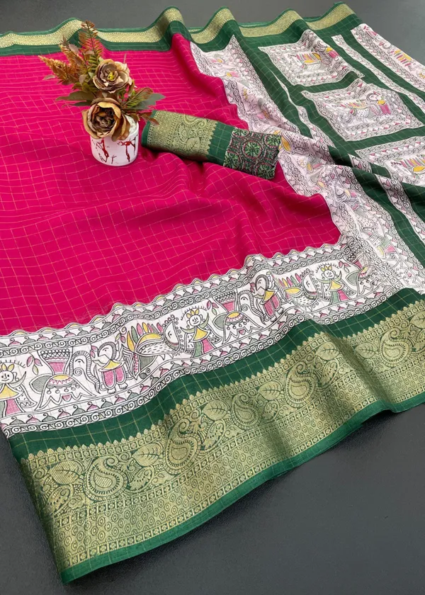 Rani_Pink_Designer_Freehand_Dola_Silk_Saree_For_Women